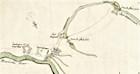 Old map with a trail drawn next to a river. Drawings of several small forts are placed along-side.