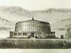 An artist's rendering of a round building drawn as a concept for a visitor center.