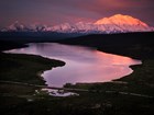 Purply alpenglow on Denali and lake.