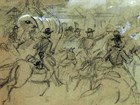 A pencil sketch depicts cavalrymen chasing their enemy through a burning town.