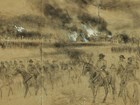 A pencil sketch shows cavalrymen on the move with a burning town in the background. 