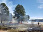 Fire managers conduct a prescribed burn in a grassy meadow.