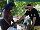 two people talking over an interpretive display