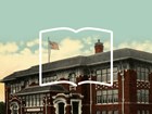 A collage of a vintage postcard featuring a public school and an outline of an open book