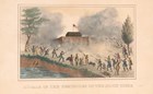 A hand-colored lithograph image of a Seminole attack on an American fort.