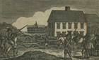 Woodblock print of American militia marching towards a house and barricade.