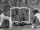 A collage of two boys playing in a puddle and the outline of a book
