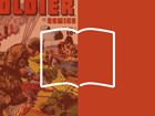 A collage of a comic book cover with a soldier and the outline of an open book