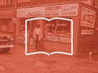 Collage of a man standing outside a corner grocery store and the outline of an open book