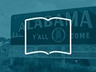 Collage of a roadside sign reading Alabama Y'all Come and the outline of an open book