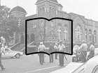 Collage of police officers outside 16th Street Baptist Church and the outline of an open book