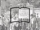 Collage of protesters with a sign reading No More Birminghams and the outline of an open book