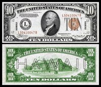 The front and back of a US $10 bill printed in green and black and red.