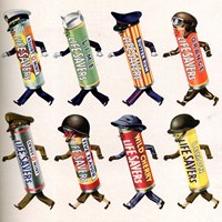 Color cartoon of Life Savers rolls wearing hats and helmets of the US armed forces.