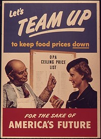 A shopkeeper points to an OPA Ceiling Price List. A woman is holding a can of produce.
