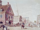 A man riding a horse through the streets of Philadelphia in 1800. 