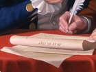 Hand holding a quill pen writing on a paper with the words 