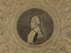 Profile of George Washington in military uniform encircled by the state seals. 