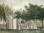 Men, women, and children walking and relaxing in the shade on a sunny day.