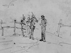 Sketch of a man checkign papers of four runaway enslaved people. 