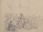 Sketch of people at the dock with a soldier holding a rifle and a women sitting down holding a baby.