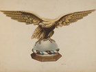 Drawing of a bald ealge with outstretched wings perched atop a half sphere. 