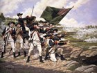 Revolutionary war solidier in white uniforms and blue jackets firing in a line.
