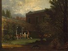 Relaxing garden scene with a group of people sitting on a bench and a cat sauntering past.