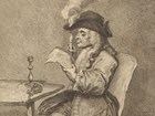 Sketch of a man sitting at a table with a tricornered hat reading a piece of paper.