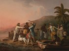 Two white men grabbing a black man to take away on a boat.