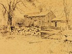 Ink drawing of a country house with a stone fence and wood gate in front.