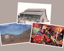 3 photo collage: painting of Poston camp, photo of Munemitsu barn, and Mendez v. Westminster mural