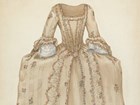 Drawing of a luxurious dress from the 18th century cream colored with small flower patterns.