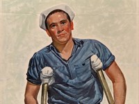 A sailor on crutches missing a leg stares out at the viewer with a building & park in the background