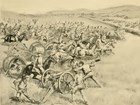 An ink illustration depicts mounted soldiers and cannons in battle.