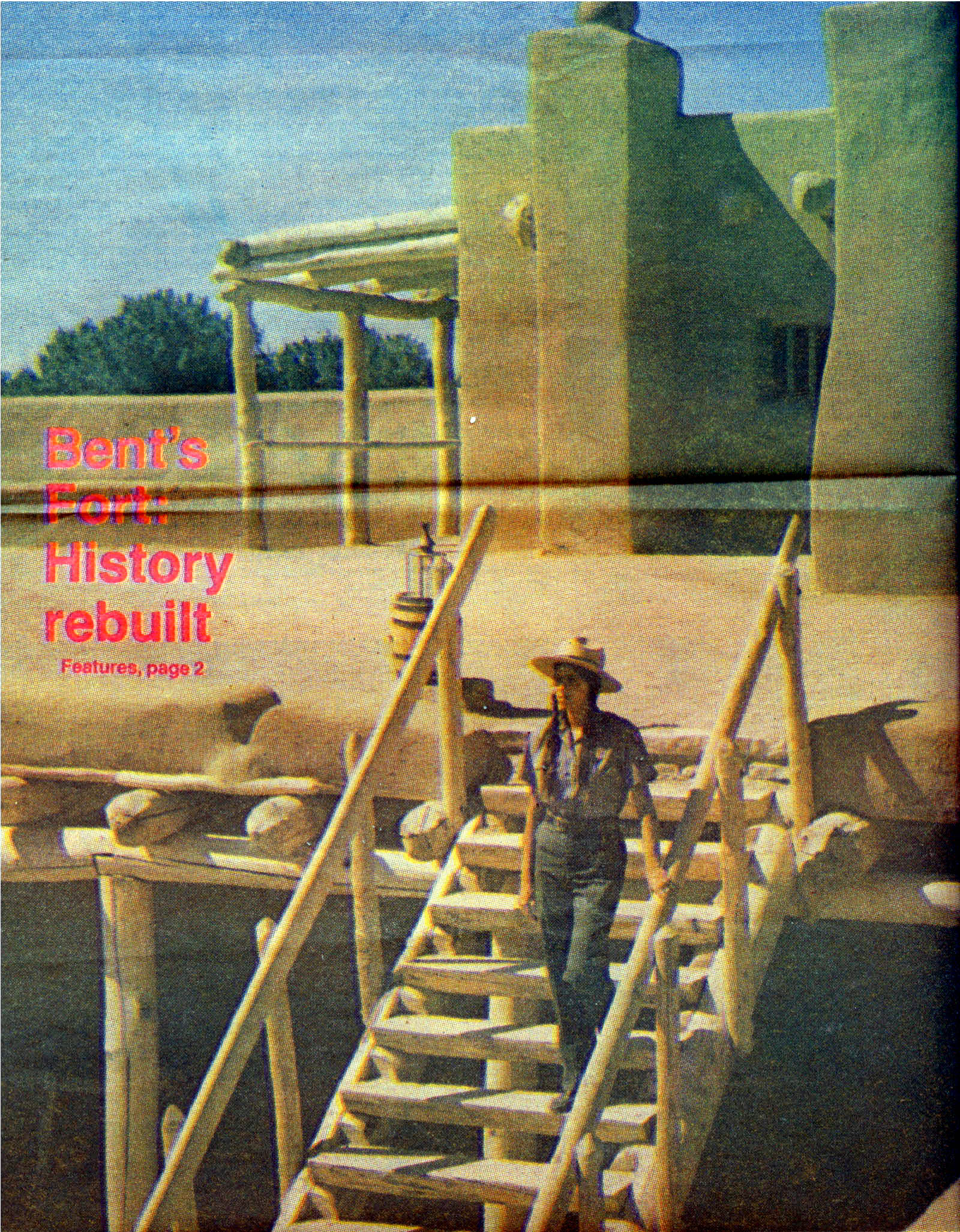 A newspaper feature showing a park ranger on wooden stairs at the fort.