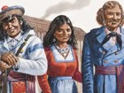 Illustration of indigenous woman with dark hair, European dress and beads smiles at viewer.