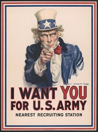Uncle Sam points at the viewer in a WWI recruitment poster