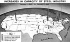 map of united states with bars representing steel production rising from major cities 