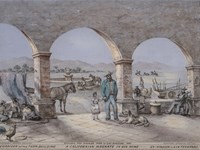 Painting of a man standing under three archways in front of a vast land