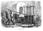 Drawing of men working a fur press 