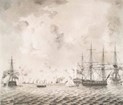 Three ships barring the British Naval Jack in the foreground.