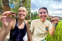 Side-by-side photos of two young women, each holding monarch butterflies and smiling at the camera.