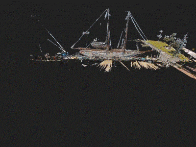 Animation of historic sailing ship, zooming out and in showing ocean, docks, decks, and mast.