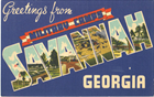 Blue Postcard with Savannah in block letters featuring military camp scenes.