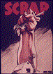 drawn colored poster of a large arm and fist emerging above barn and holding scrap metal