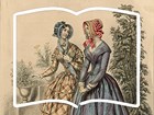Drawings of women's fashion 1848 and an outline of an open book