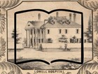 Lowell Hospital from 1850 and an outline of an open book
