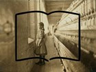 Lewis Hine photograph of a young spinner with an open book outline