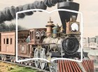 Drawing of a steam railroad with an open book outline